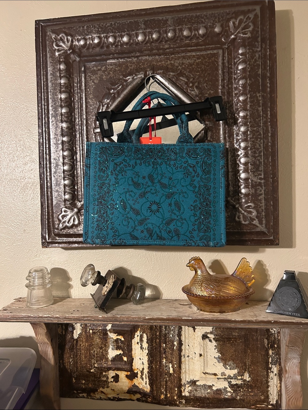 Stylish Teal Paisley/ Bling Tote Bag for Home Storage & Organization